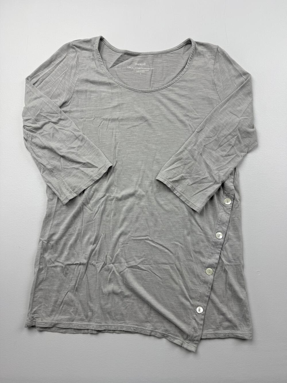Pure Jill Shirt Womens S Gray Scoop Neck 3/4 Sleeve Asymmetric Tunic Side Button